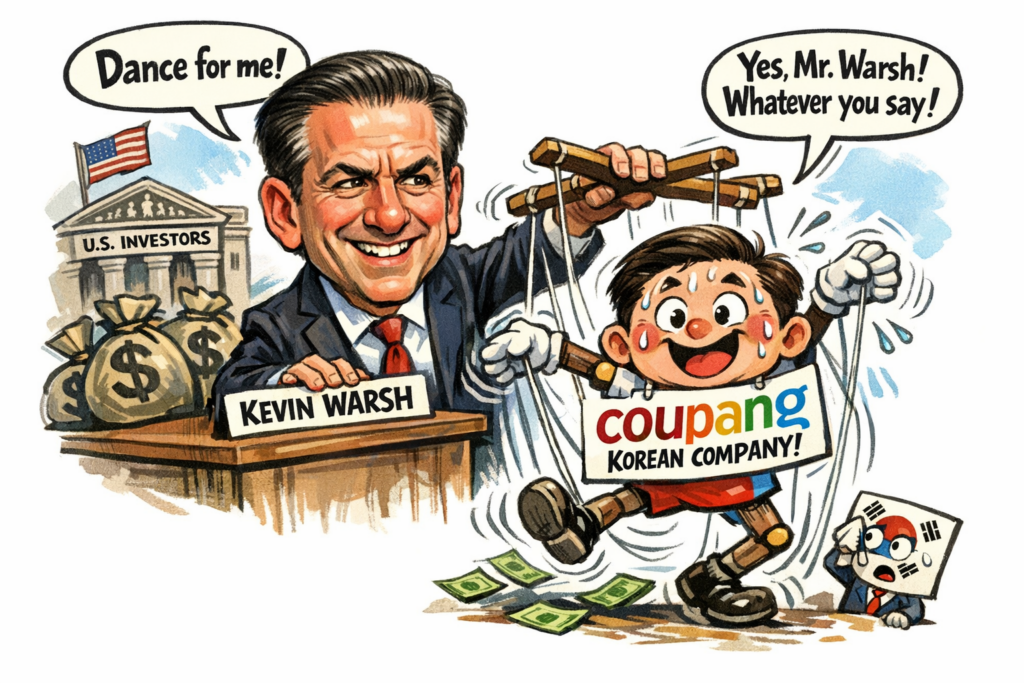 쿠팡과 케빈워시의 관계를 조롱하는 이미지. (AI 생성)